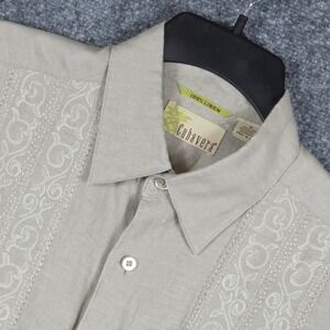 Cubavera Mens M Shirt Tan 100% Linen Short Sleeve Embroidered Guayabera Style